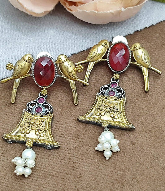 Oxidized Earrings with Golden Bird Design, Red Stone & Pearl Drops