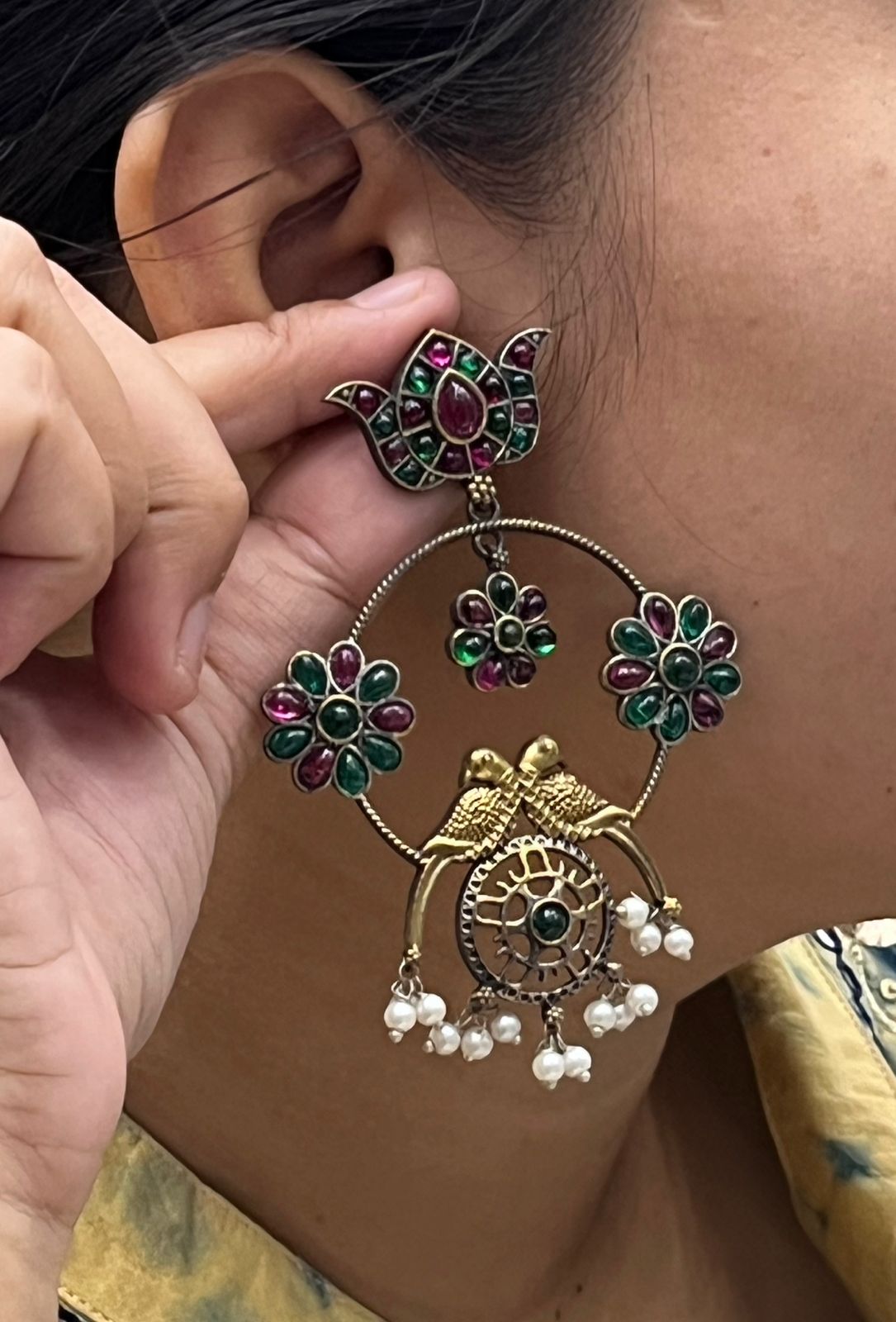 Handcrafted Oxidized Earrings with Colorful Stones, Peacock & Bird Design and Pearl Drop