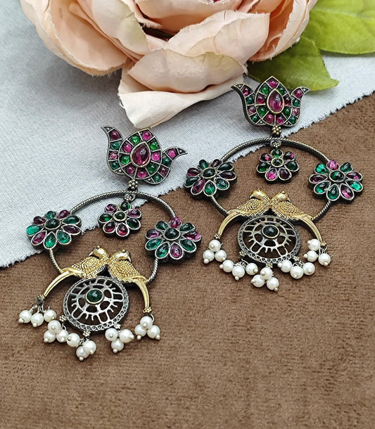 Handcrafted Oxidized Earrings with Colorful Stones, Peacock & Bird Design and Pearl Drop