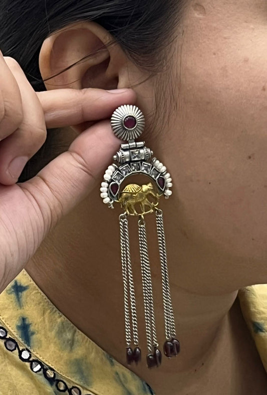 Wridhi Silver look alike earring with elephant in ruby with drops For Women