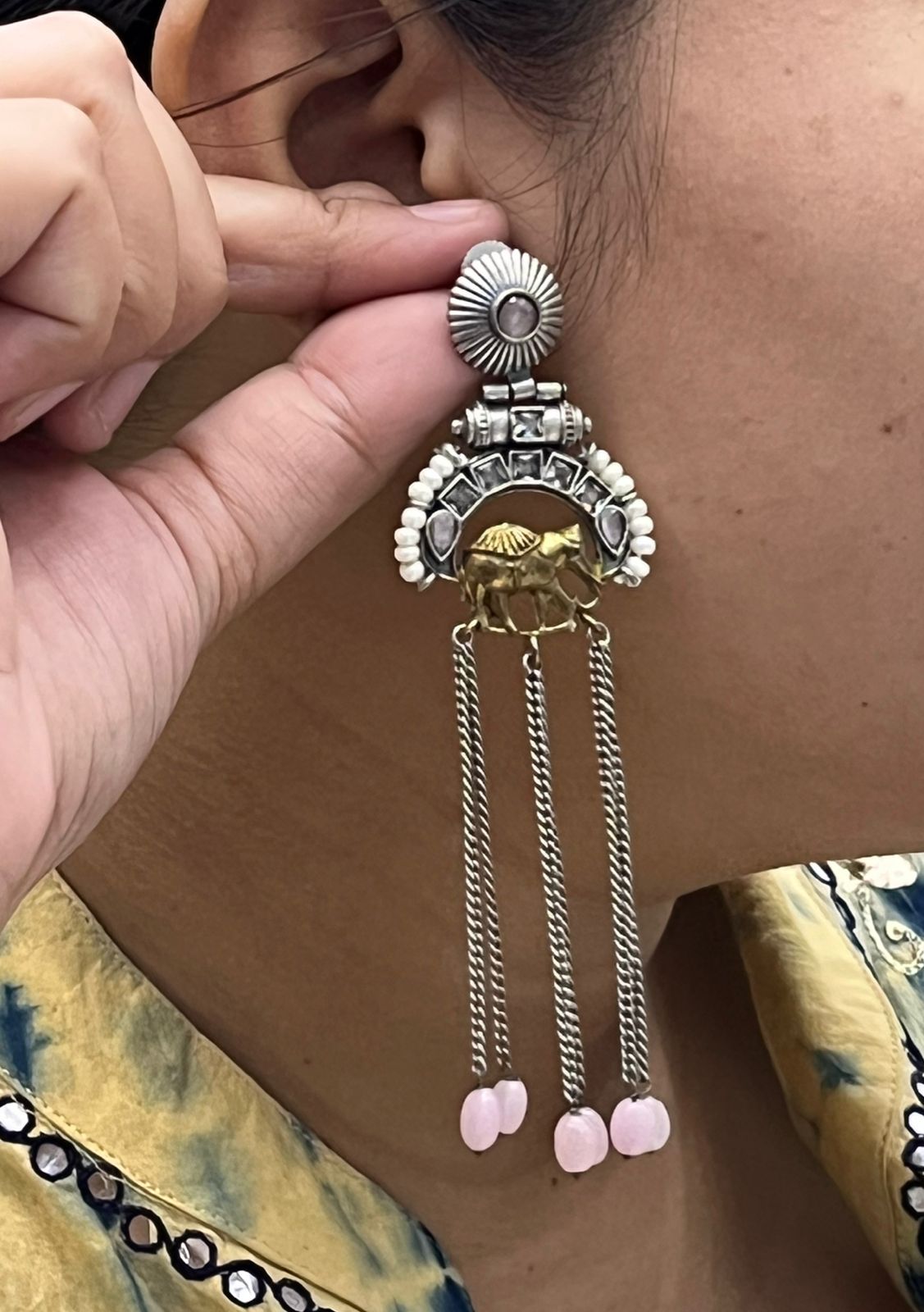 Wridhi Silver look alike earring with elephant in Blush Pink with drops For Women