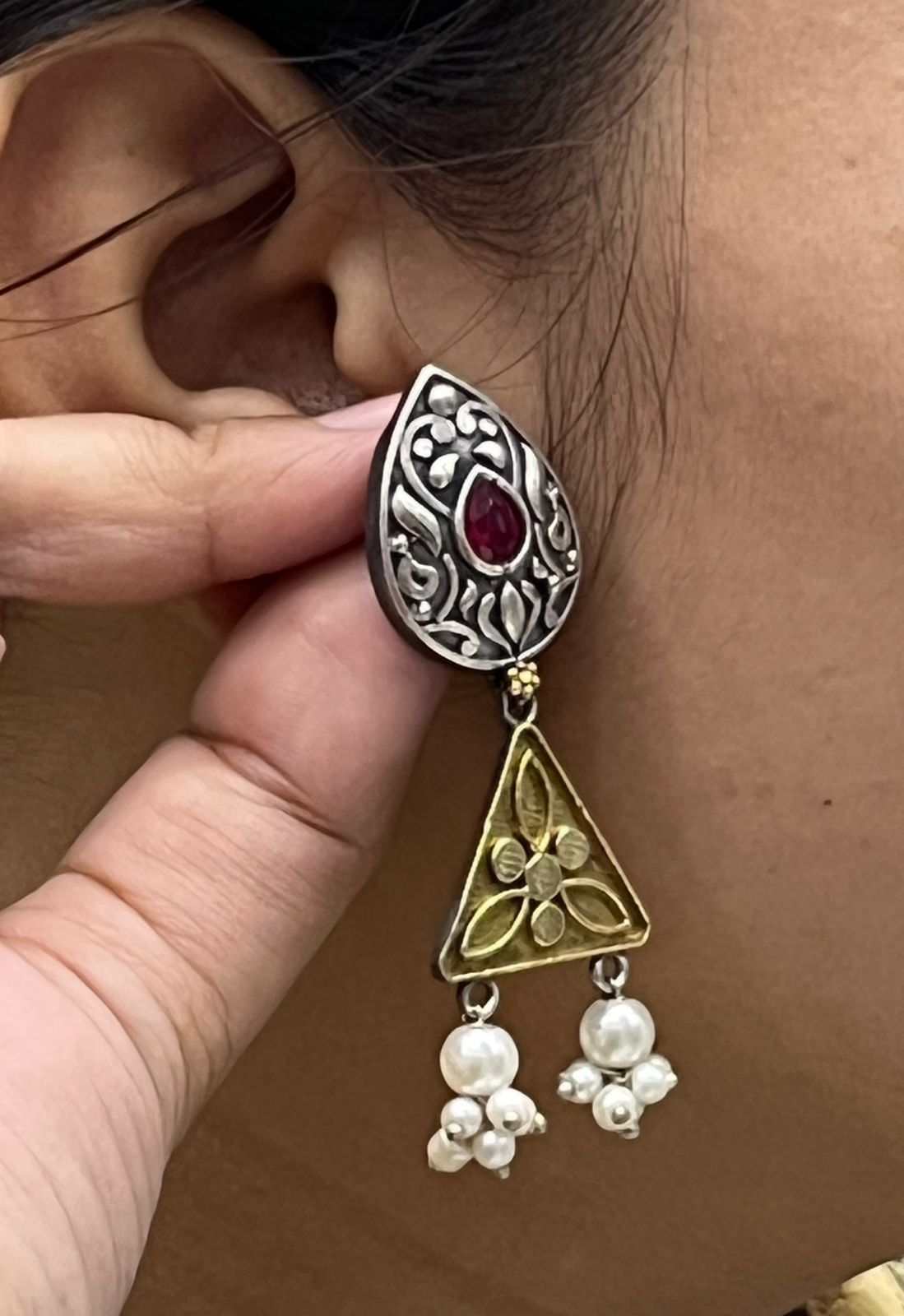 Oxidized Silver Earrings with Red Stone, Golden Triangle Design & Pearl Drops