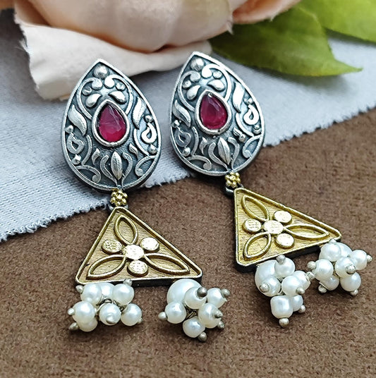 Oxidized Silver Earrings with Red Stone, Golden Triangle Design & Pearl Drops