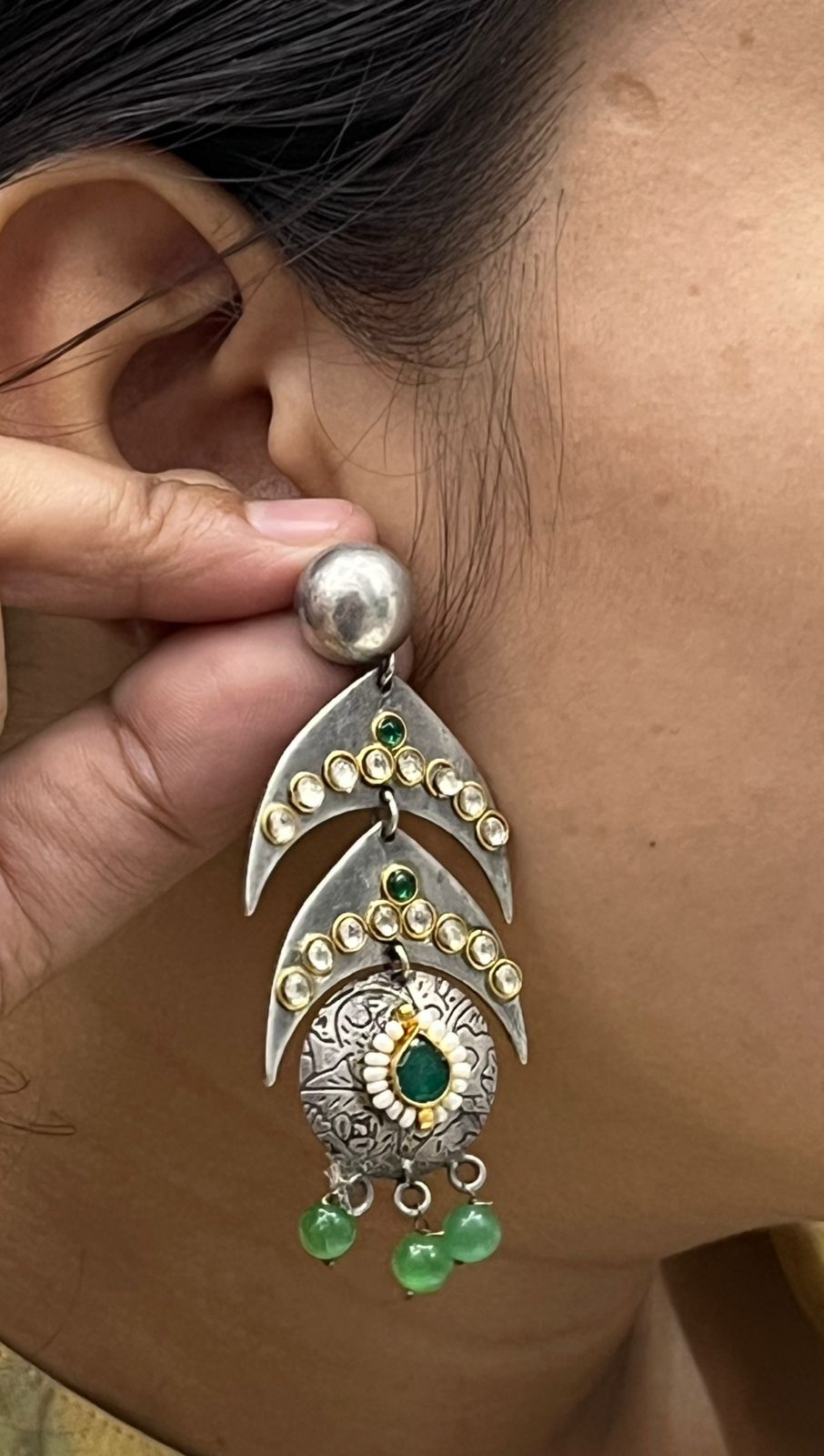 Yashika Silver Look Alike Earings In Emerald And Mint Drop For Women