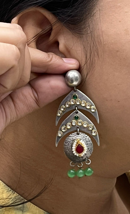 Yashika Silver Look Alike Earings In Ruby Kundan And Green Drops For Women