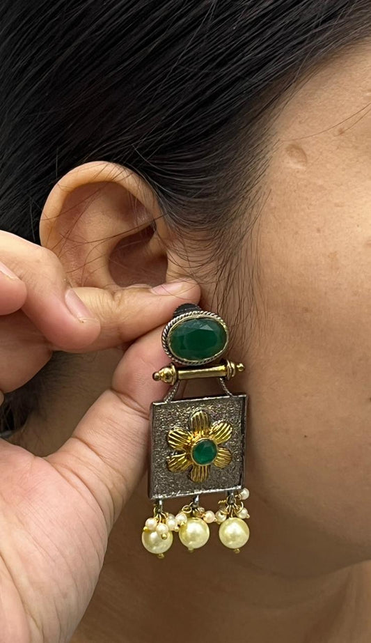 Sanvi Silver Look Alike Emerald Stone  Earings For Women