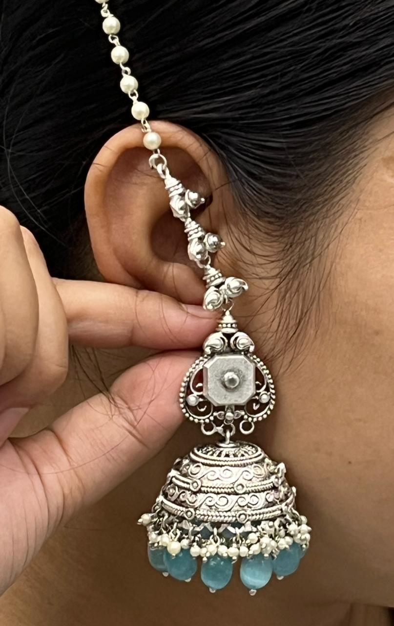 Saanvi Silver Look Alike Jhumkis With Blue Drops
