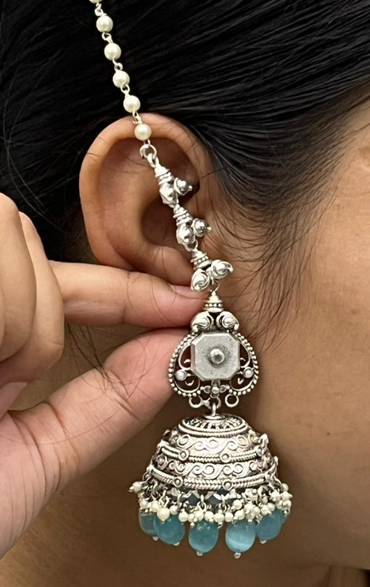 Saanvi Silver Look Alike Jhumkis With Blue Drops