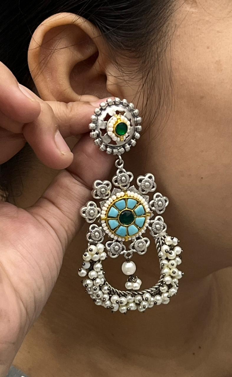 Savi Silver Look Alike Beaded Kundan Earings In Turquoise For Women