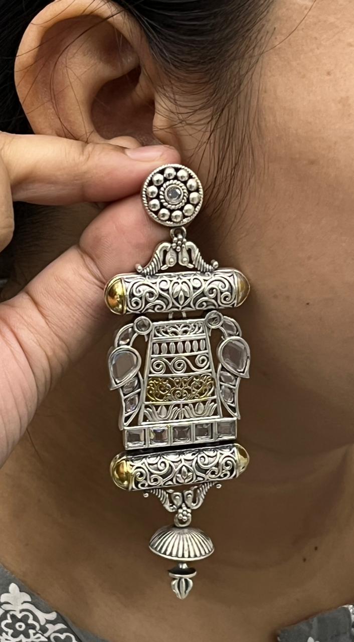 Ijaya Dual tone Silver look alike earring with Peacock in Grey For Women