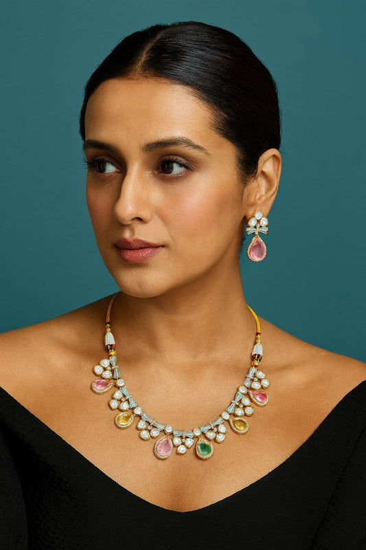 Meenkakari Mossanite Kundaan Necklace for woman