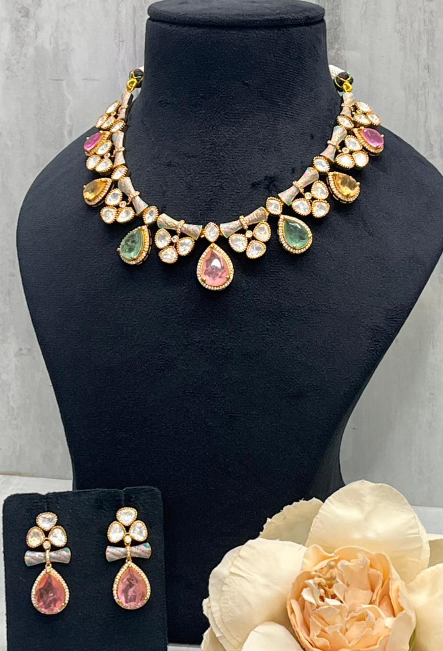 Meenkakari Mossanite Kundaan Necklace for woman