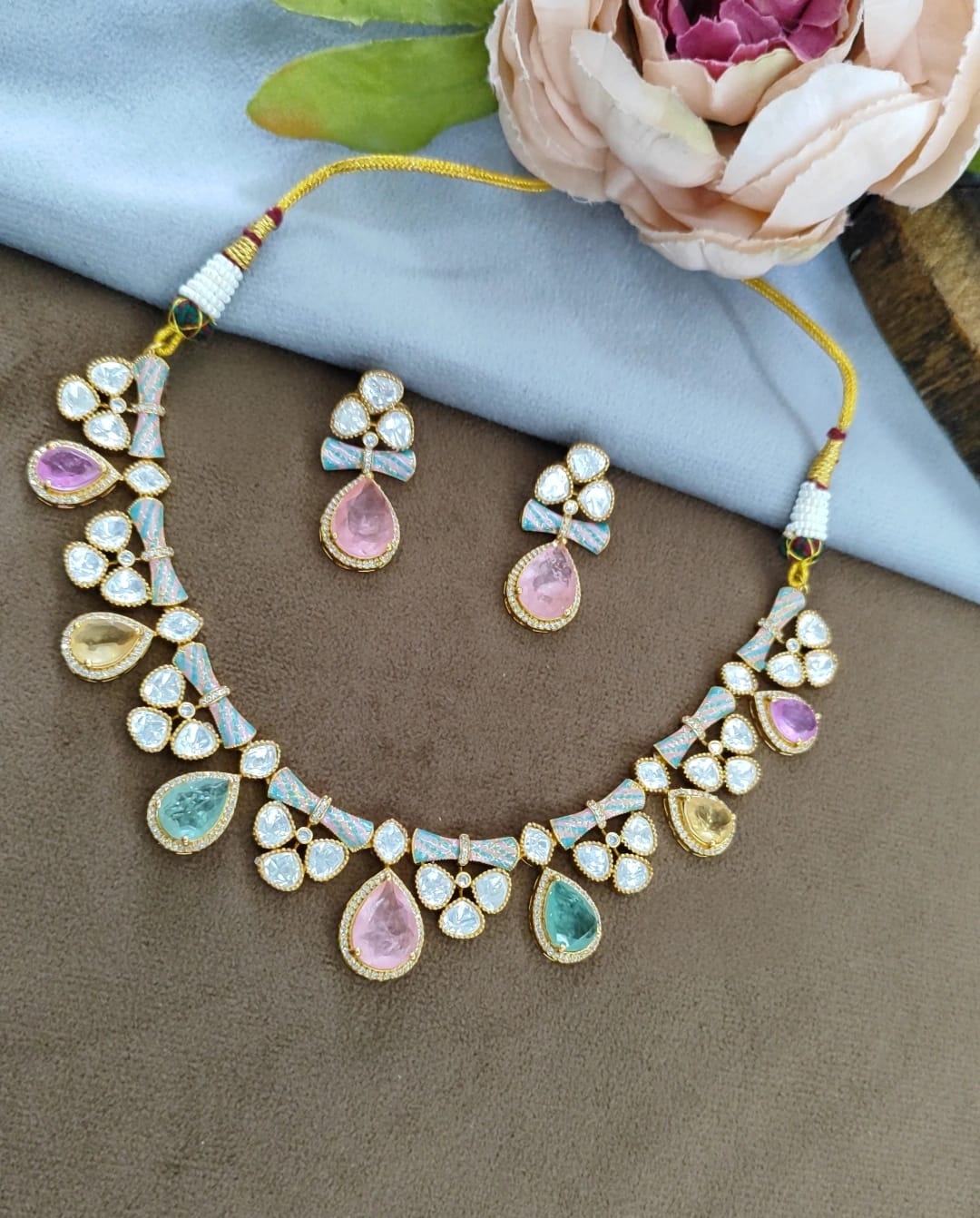 Meenkakari Mossanite Kundaan Necklace for woman