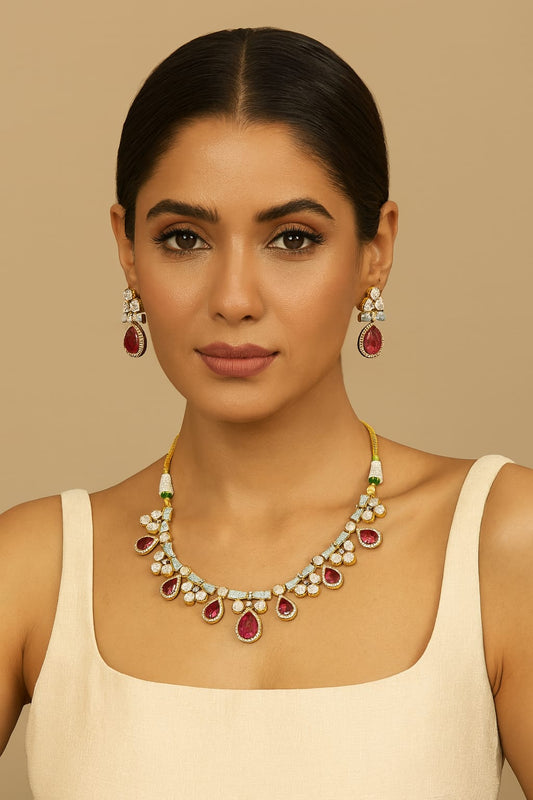 Meenkakari Mossanite Kundaan Necklace for woman