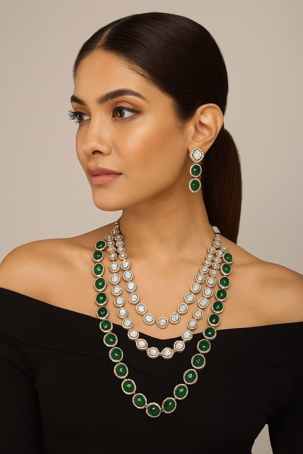 Three Layer Green Kundan Polki Necklace for woman