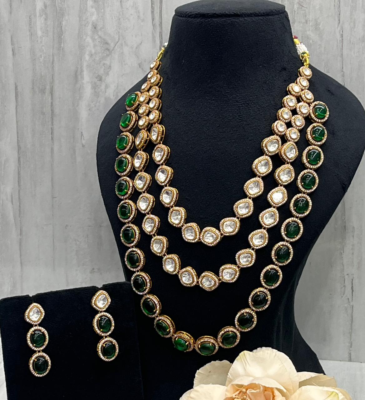 Three Layer Green Kundan Polki Necklace for woman