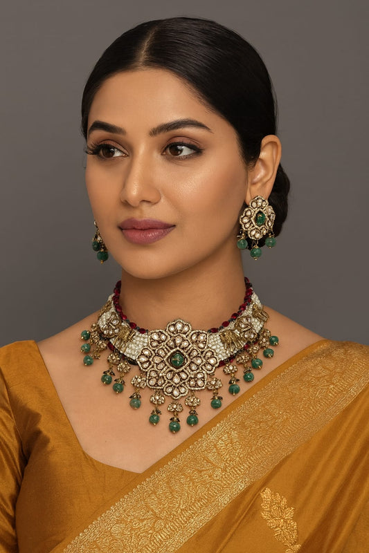 Beaded Broad Choker With Oversized Studs for woman