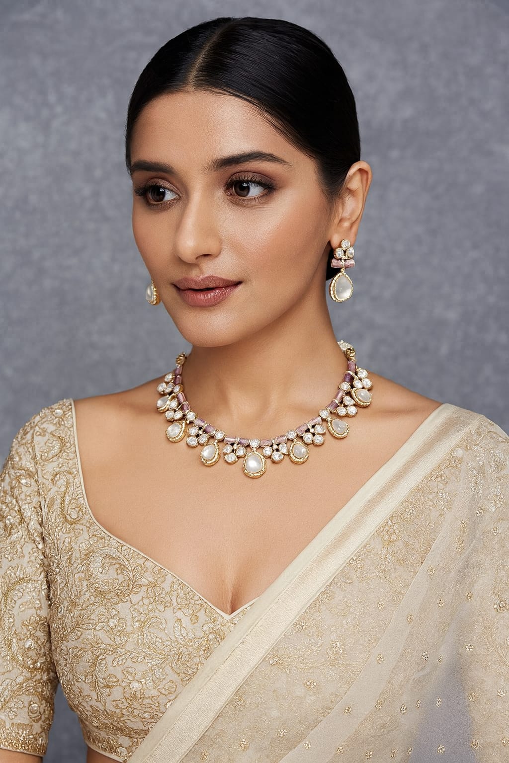 Meenkakari Mossanite Kundaan Necklace for woman