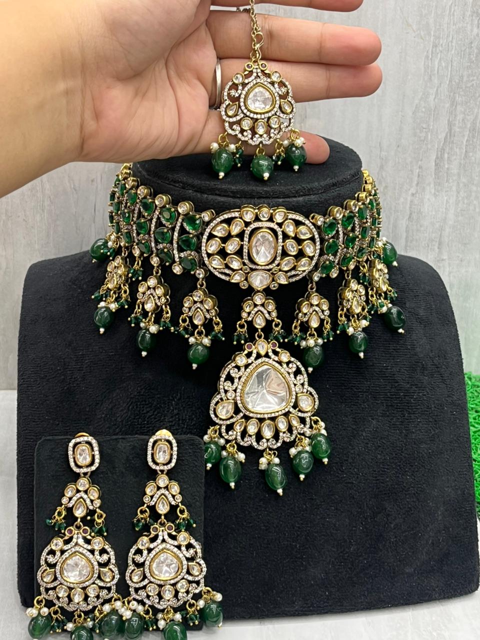 Bridal Necklace With Doublet Stone In Green For Women