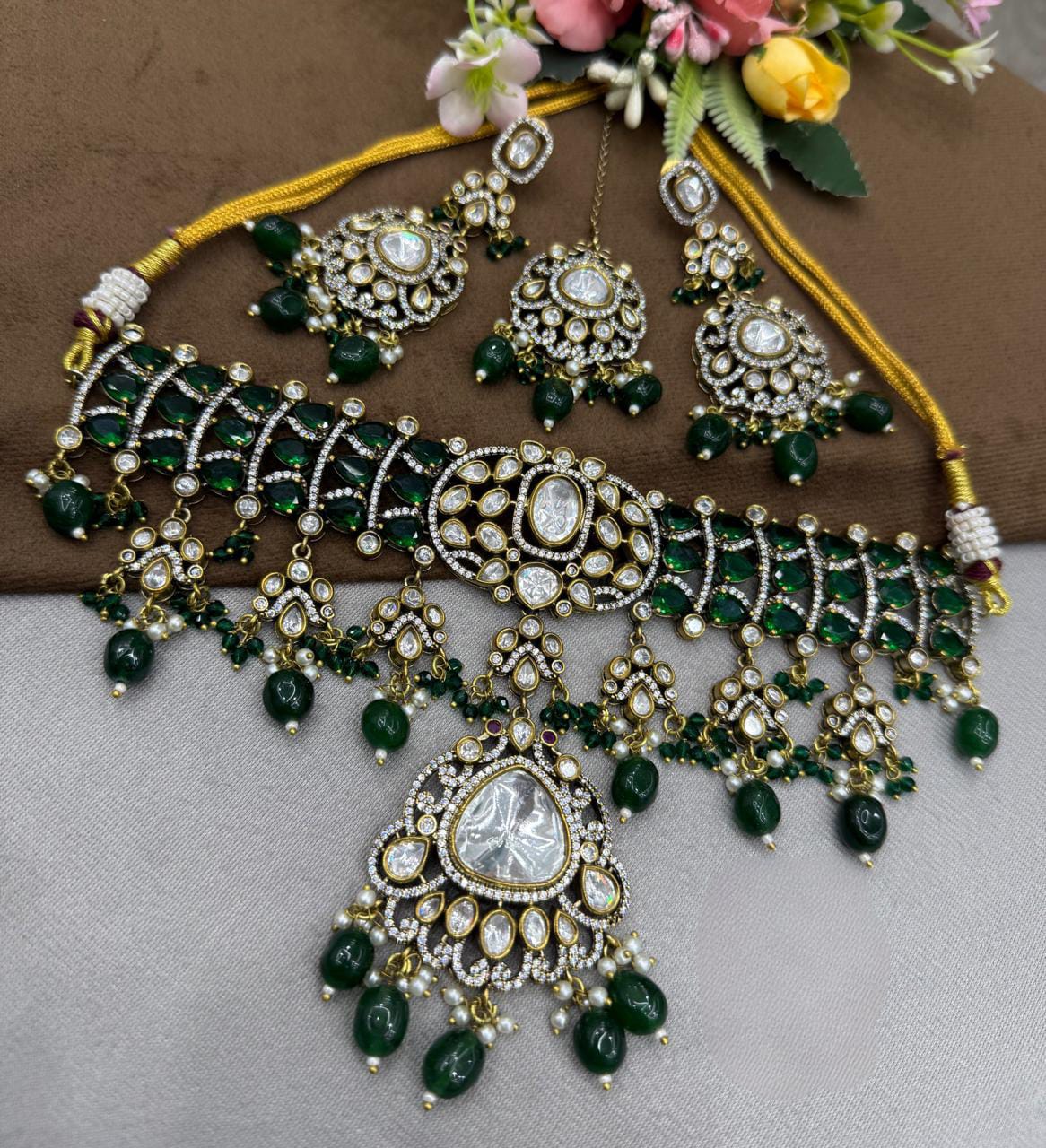 Bridal Necklace With Doublet Stone In Green For Women