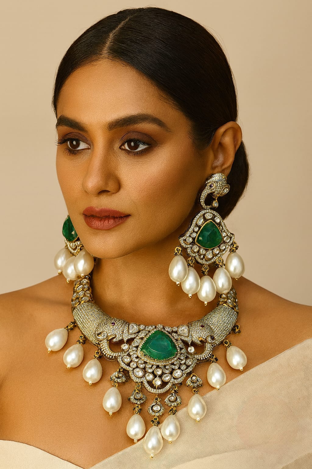 Doublet Stone With Kundan Hasli In Green For Women