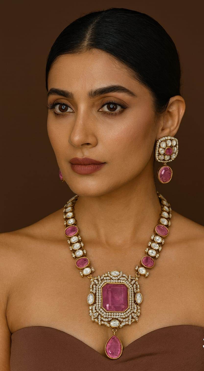 Doublet Stone Long Necklace In Hot Pink For Women