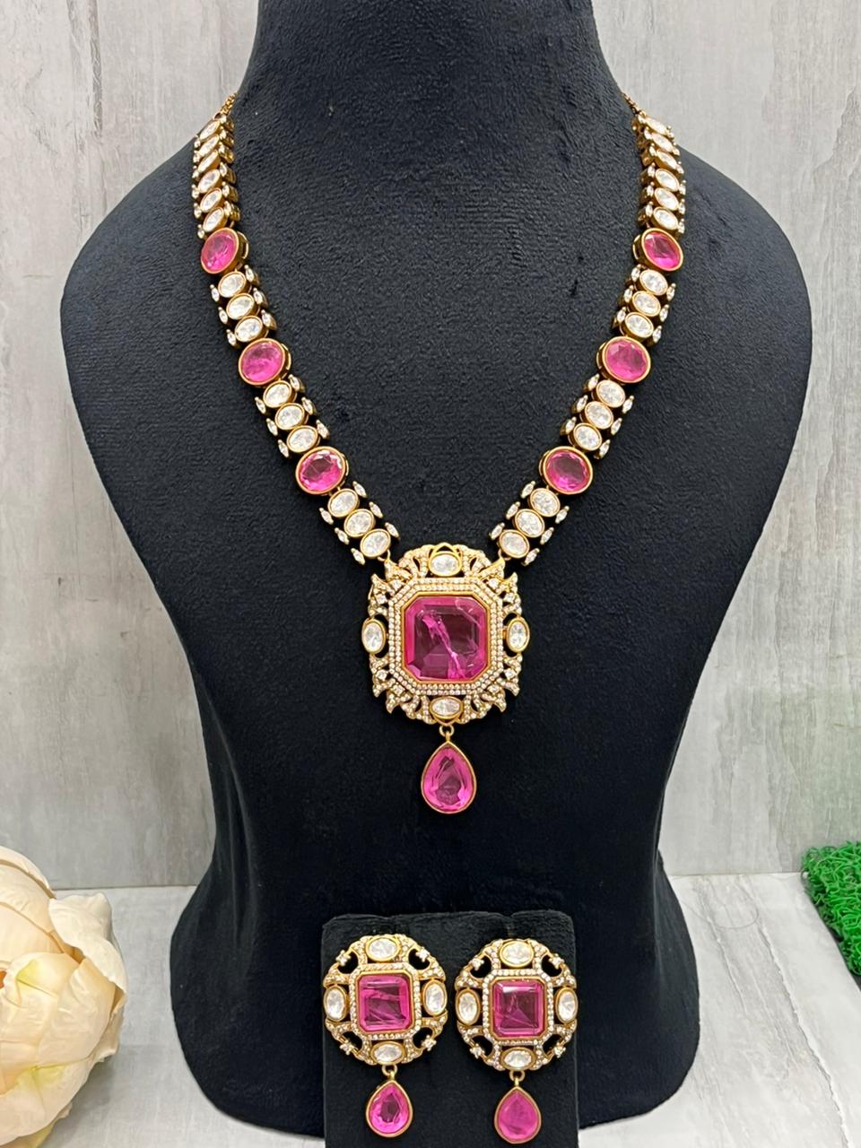 Doublet Stone Long Necklace In Hot Pink For Women