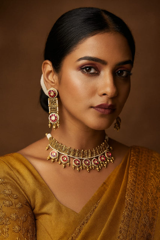 Gold With Takkad Stone Choker In Matte Finish For Women