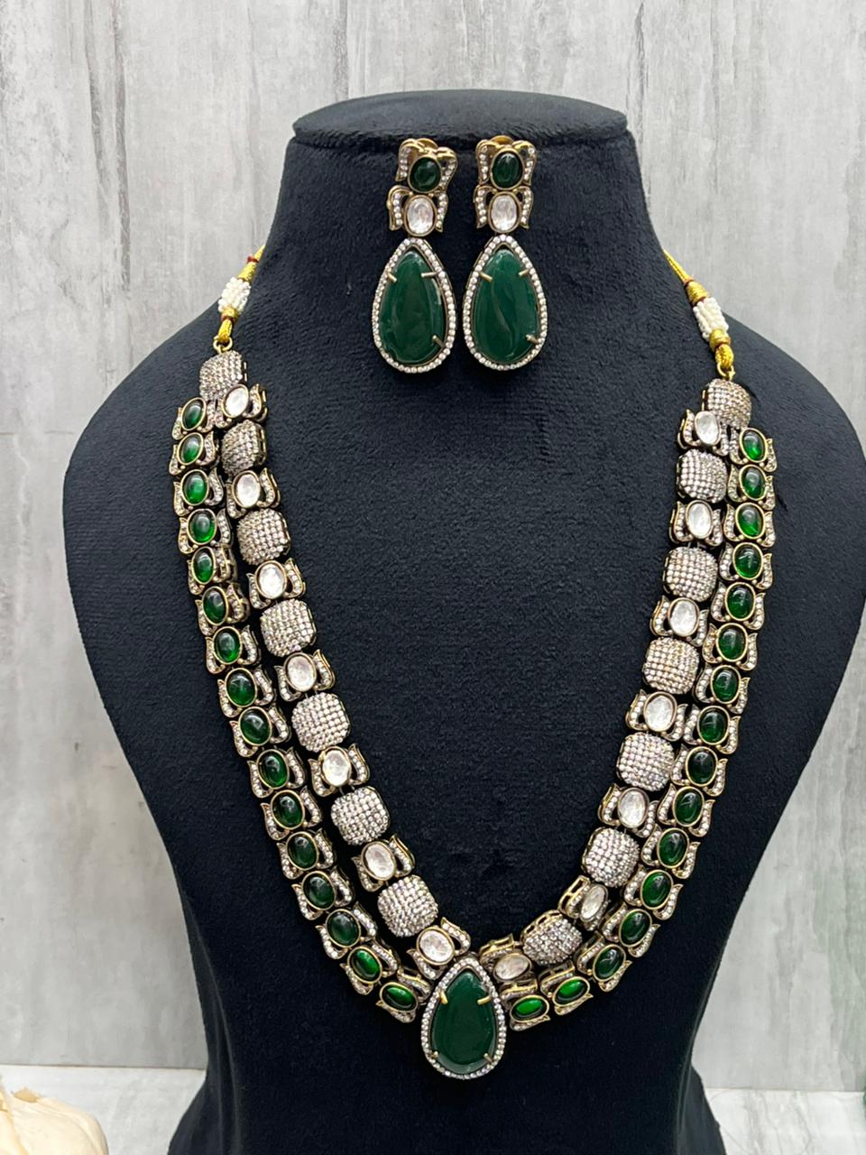 Double Layer Kundan Necklace In Green For Women