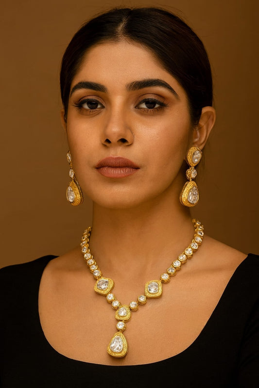 Mossanite Long Necklace With Earrings In Clear For Women