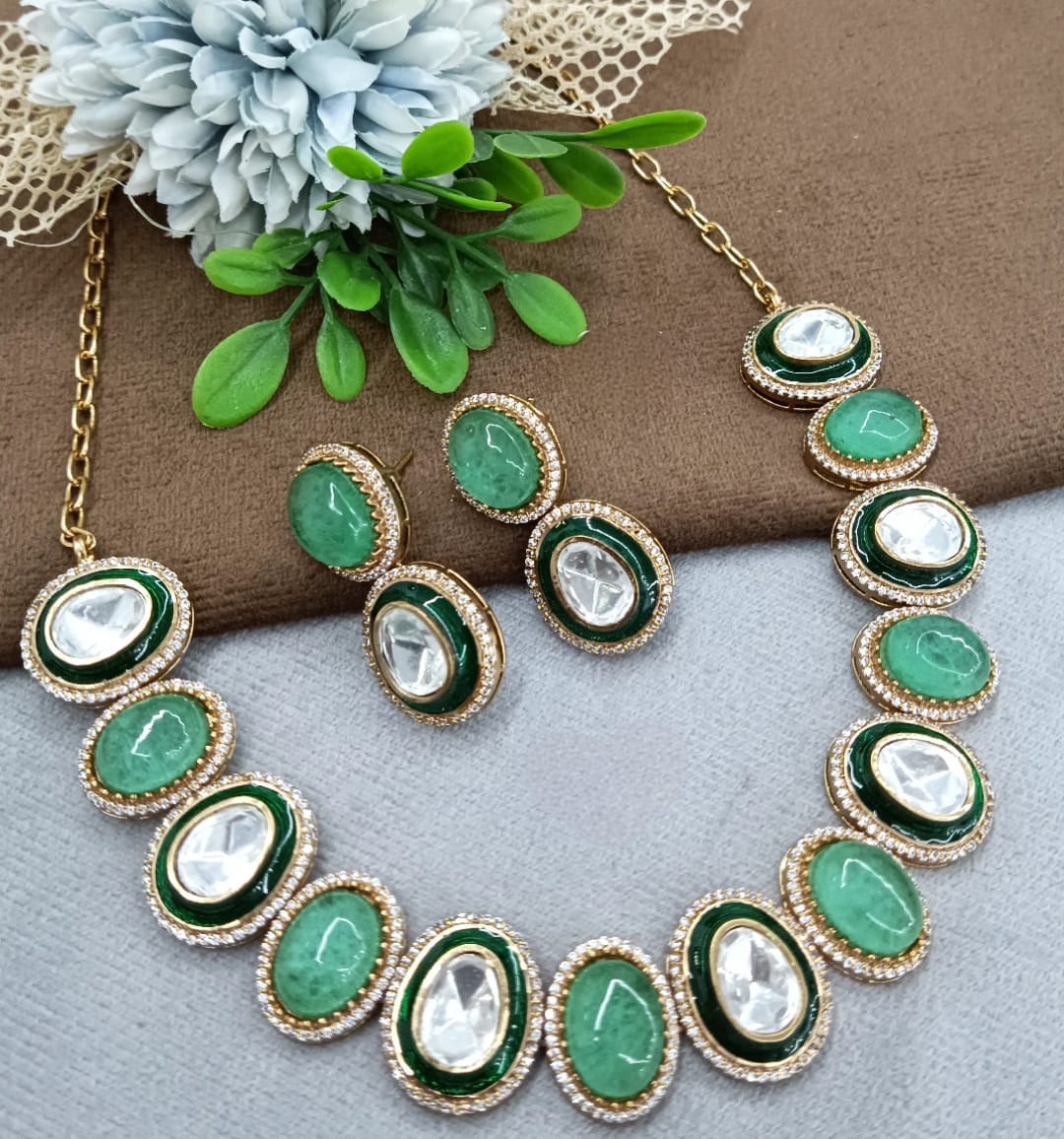 Polki With Doublet Stone Choker In Mint For Women