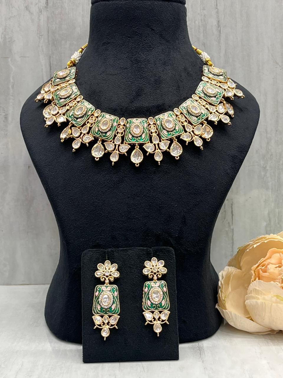Meenakari With Kundan Necklace In Mint For Women