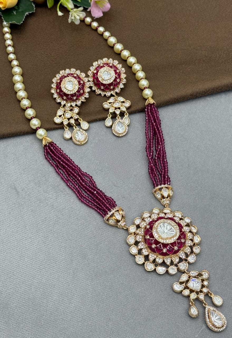 Long Mossanite With Beading Necklace In Pink For Women