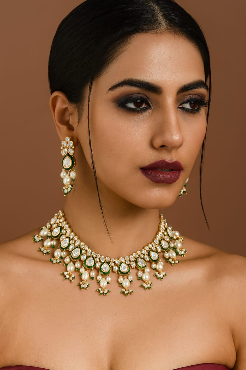 Meenakari With Kundan Necklace In Green For Women