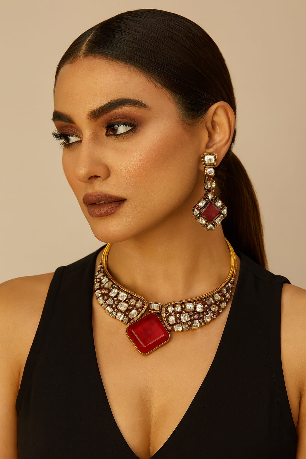 Kundan With Doublet Stone Hasli In Red For Women