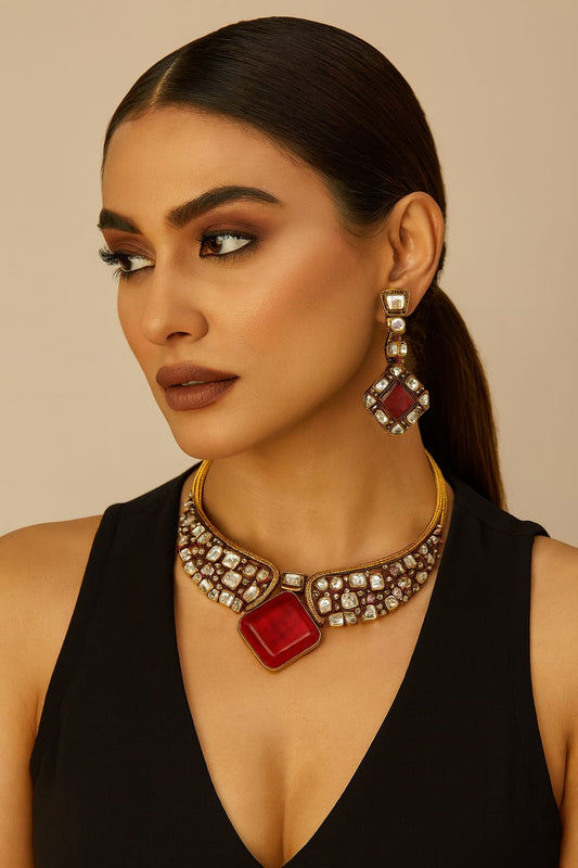 Kundan With Doublet Stone Hasli In Red For Women