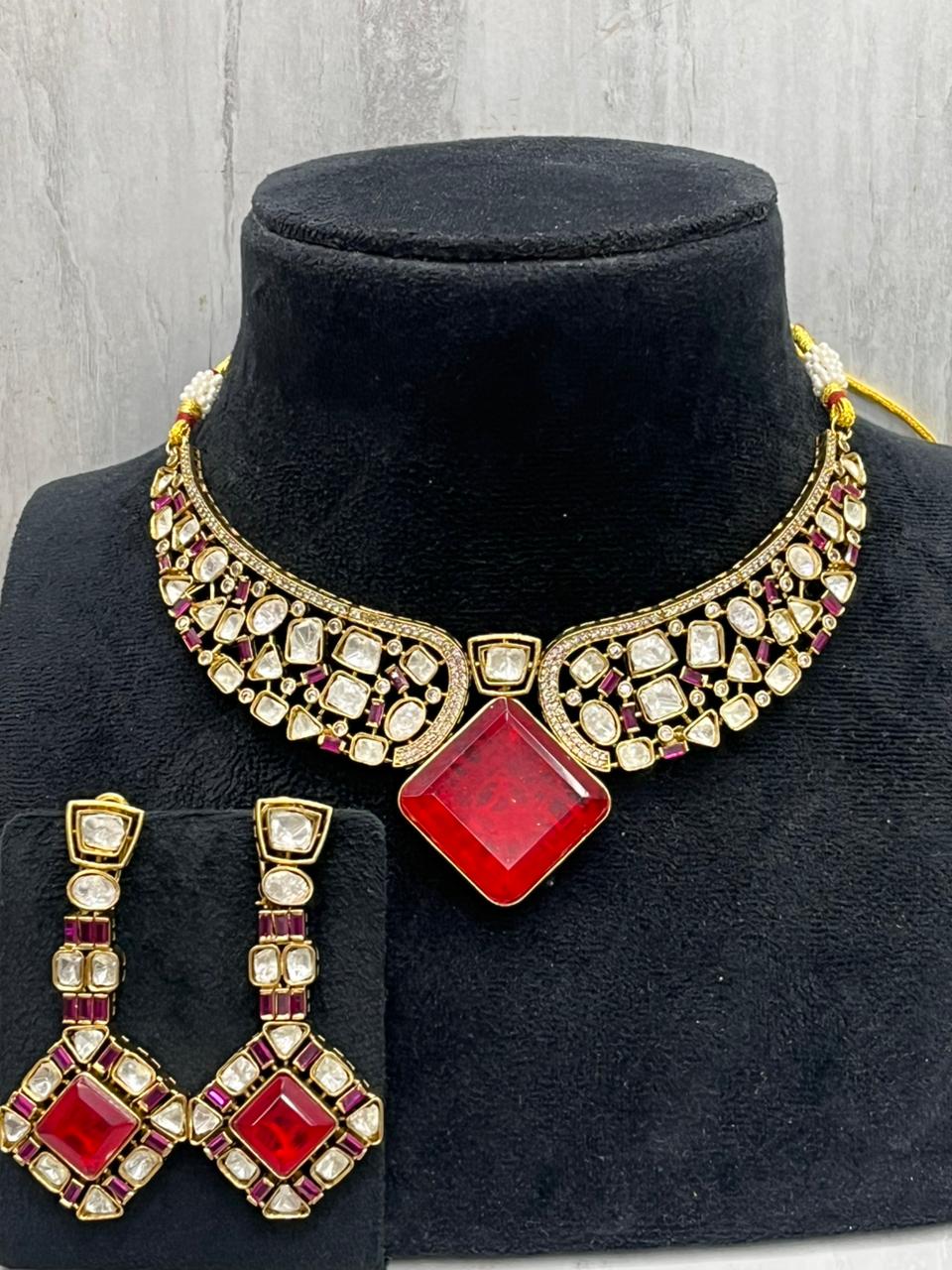 Kundan With Doublet Stone Hasli In Red For Women