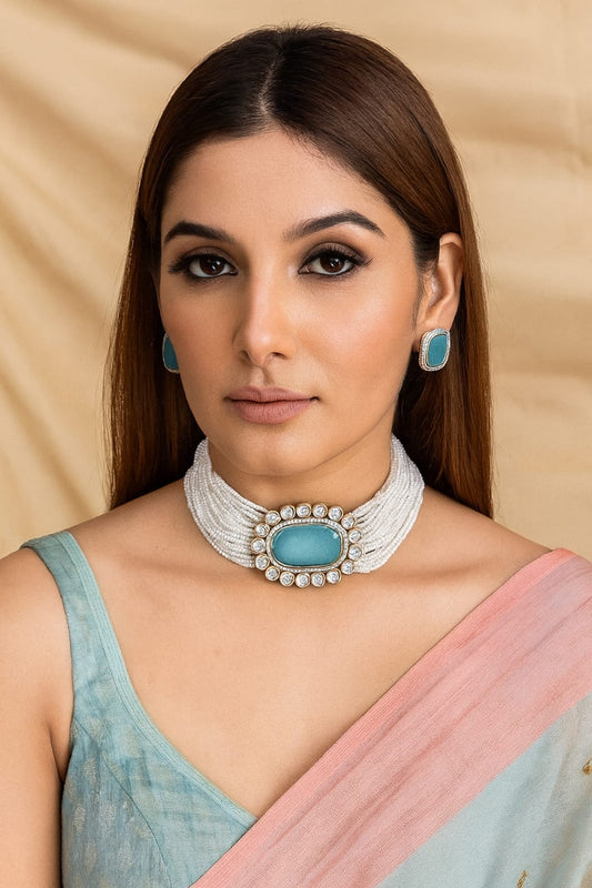 Square Centre Stone With side Pearl Beading Choker For women