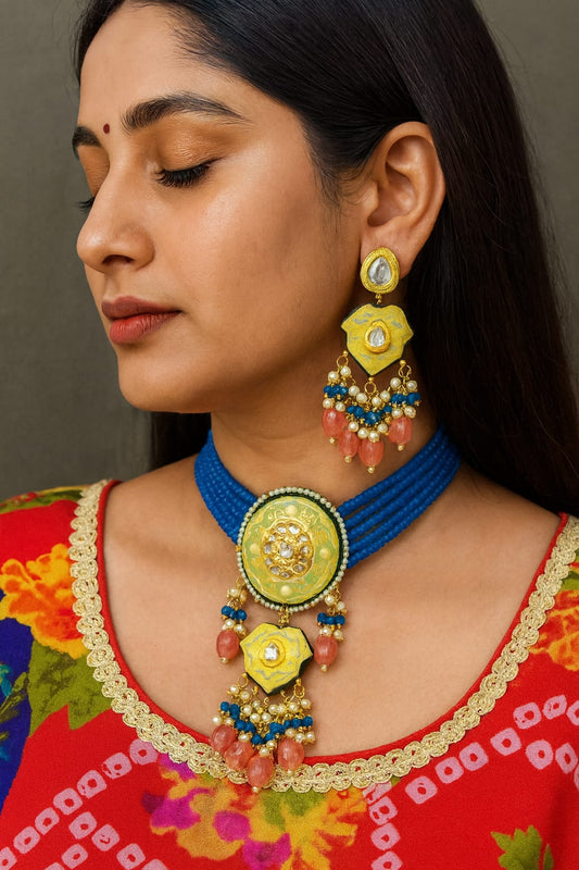 Oynx Beads And Meenakaro Kundan Choker With Long Earrings