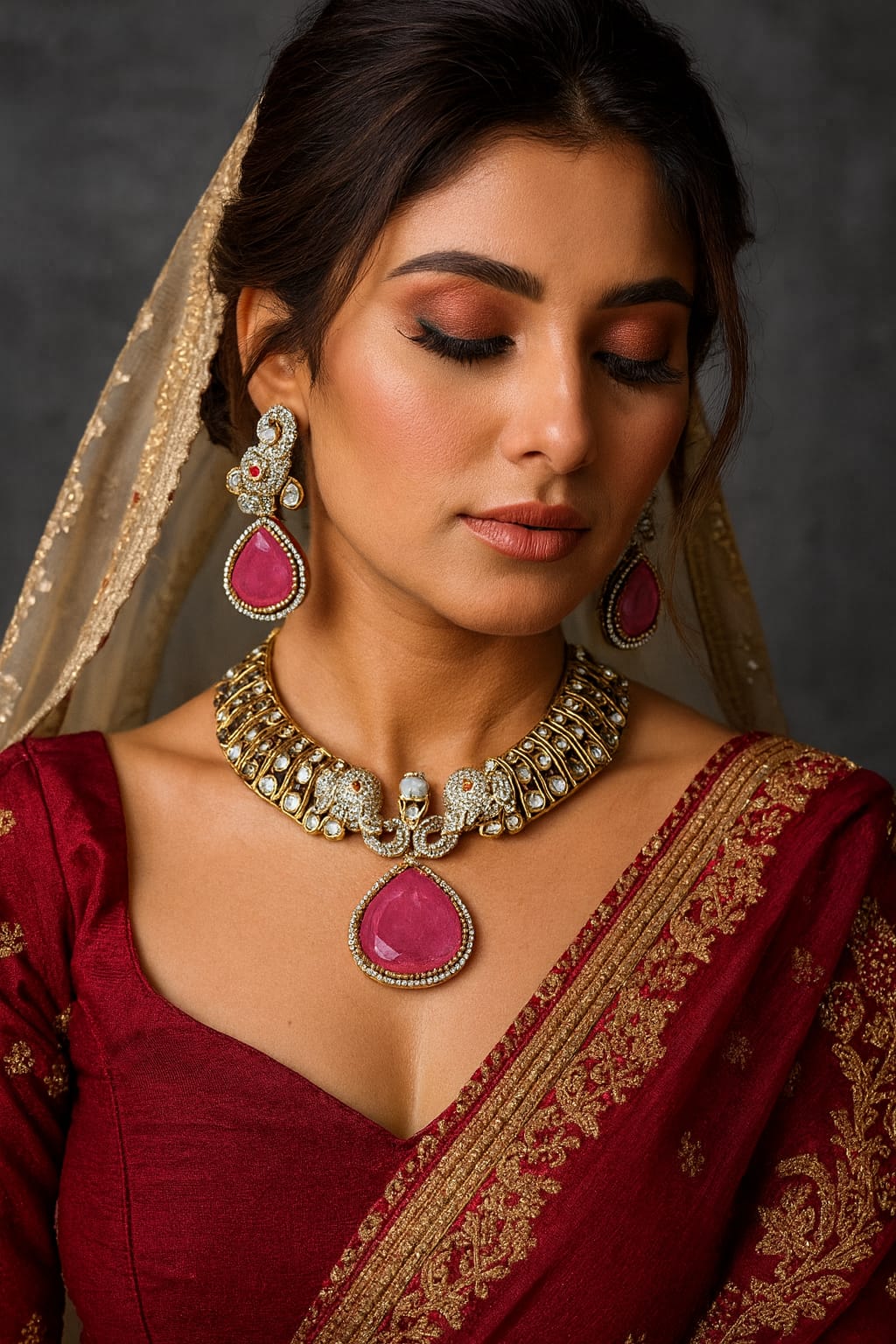 Elephant Kundan Mossanite Hasli in Pink For Women