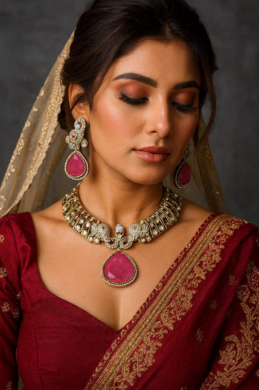Elephant Kundan Mossanite Hasli in Pink For Women