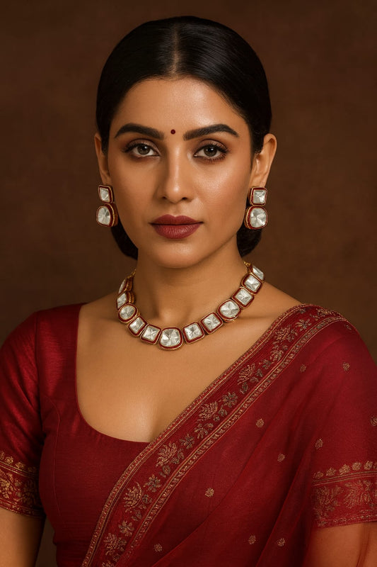 SIDE MEENAKARI WITH POLKI NECKLACE IN RED  FOR WOMEN