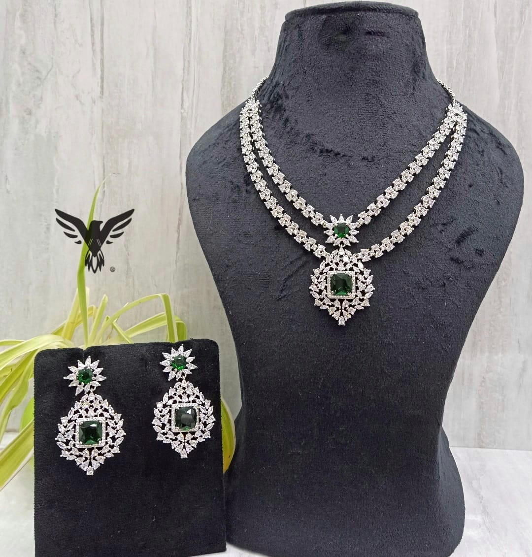 Double Layered Necklace Set With Earrings In Cubic Zirconia For Wedding, Bridal, Party, Jewelry Set