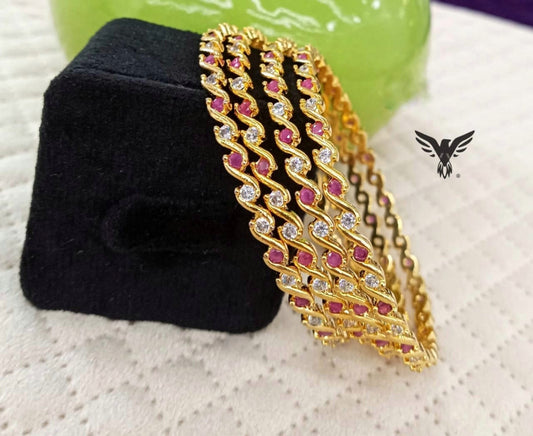 Damini Stack Of 4 Gold Plated Bangles In Ruby