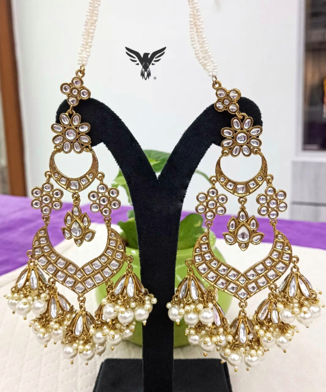 Long dangles kundan earrings with kaanchain for women