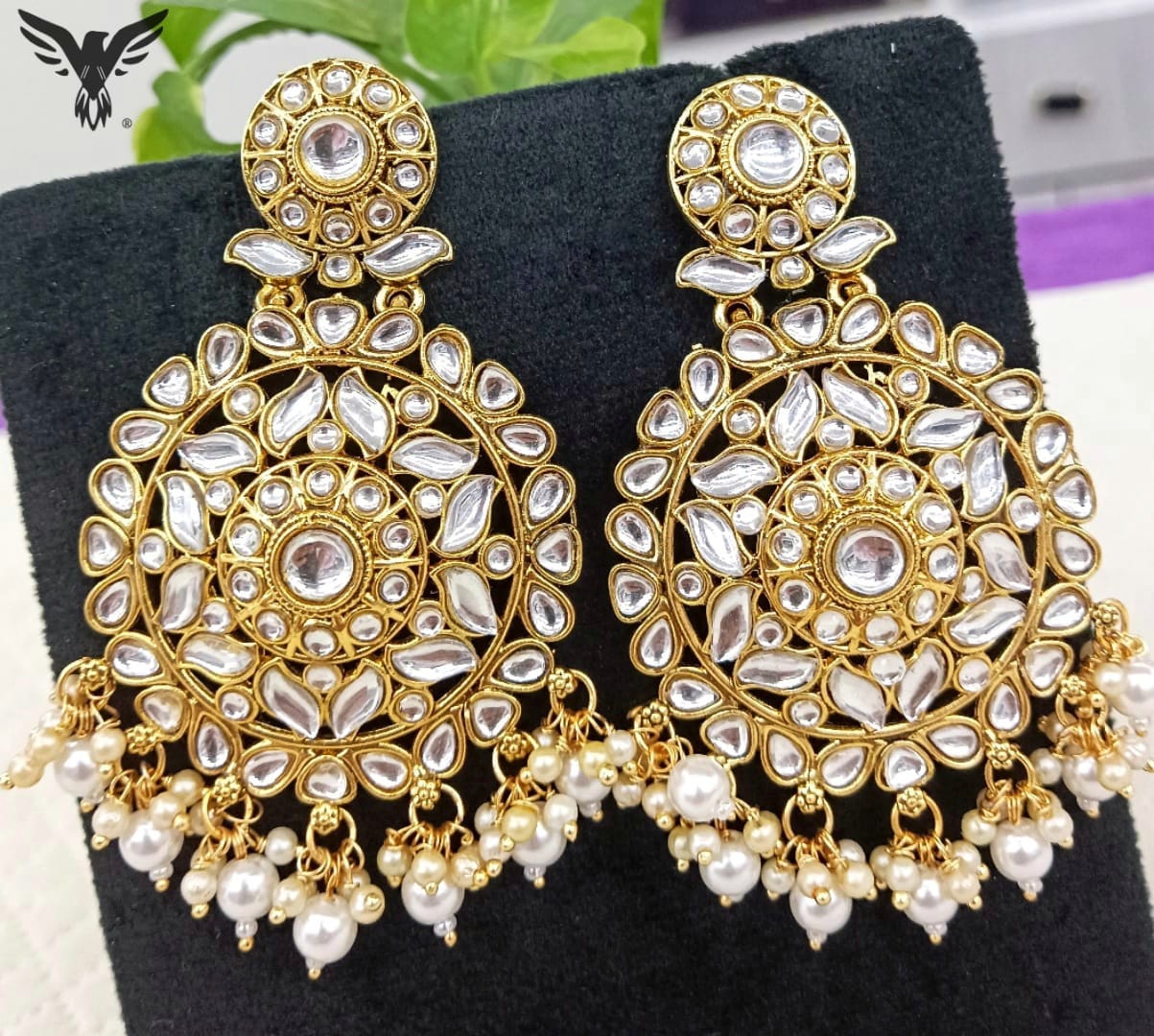 Reha Golden Chandbalis Kundan Earring in White Beads