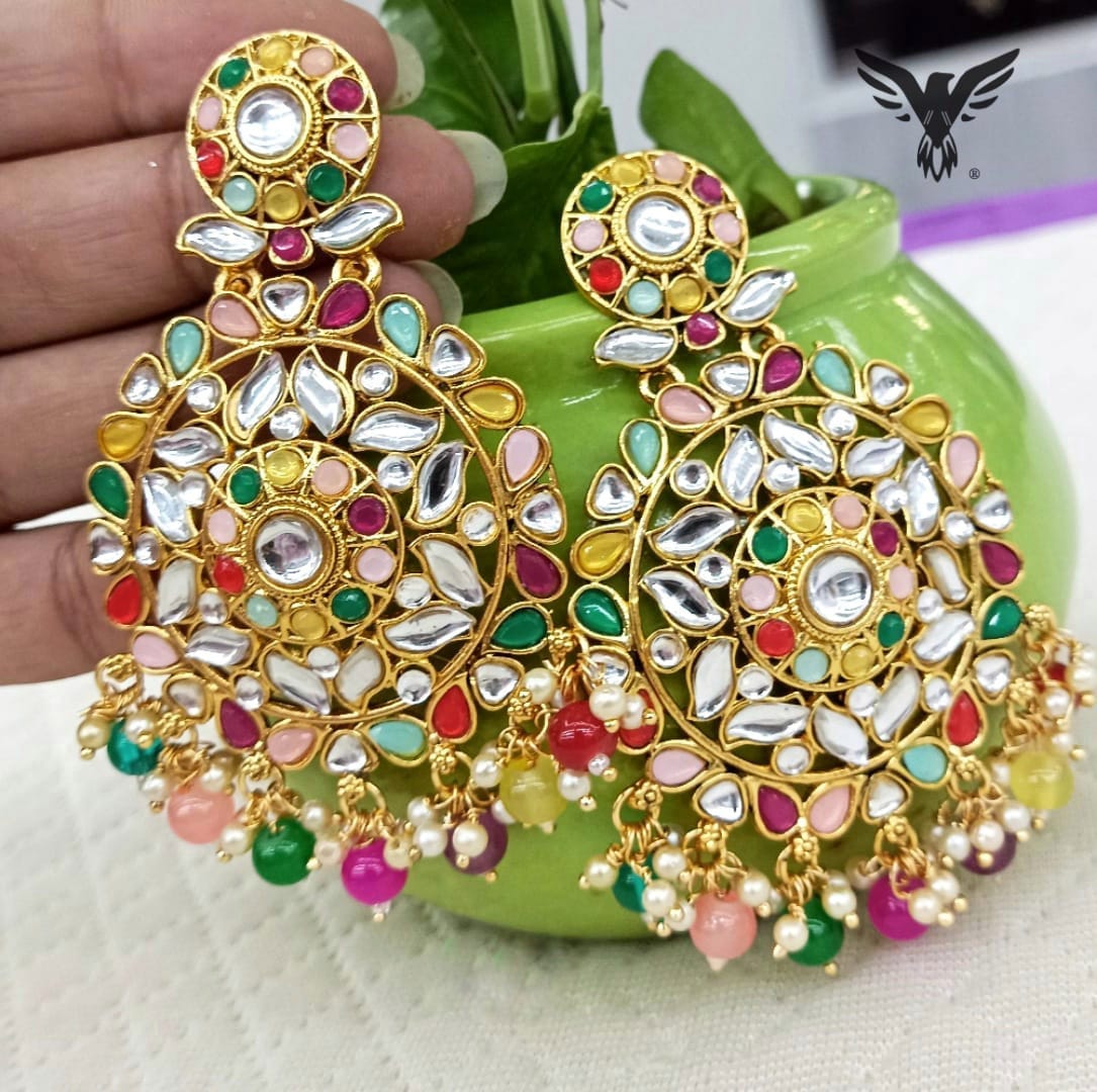 Nityakshi Multi colored Chandbali  Kundan Earring In Multi Color beads