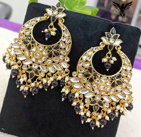 Medha Black Chandbalis Kundan In Black Beads Earring For Women