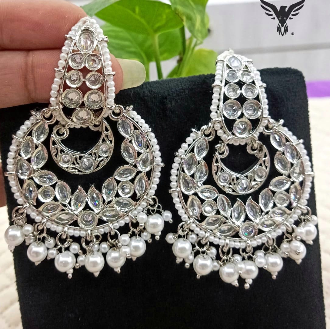 Panas Silver Chandbalis Kundan Earring in White Beads