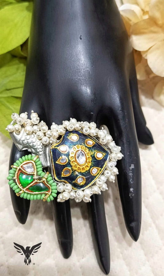 Soha Bird Silver Look Alike Kundan Ring